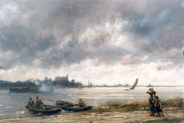 Koekkoek H.  | A river landscape with a steamboat, oil on panel 16.0 x 24.0 cm, signed l.l.