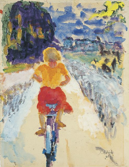 Altink J.  | Meisje op de fiets, watercolour on paper 63.0 x 47.0 cm, signed l.r. and dated '26