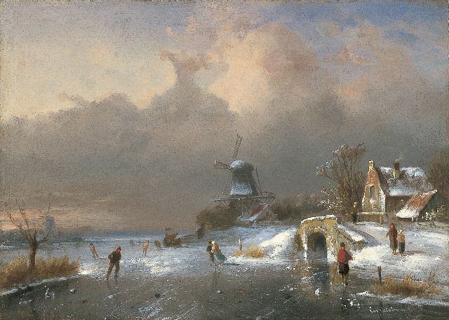 Leickert C.H.J.  | A winter landscape with skaters, oil on panel 23.7 x 33.1 cm, signed l.r.