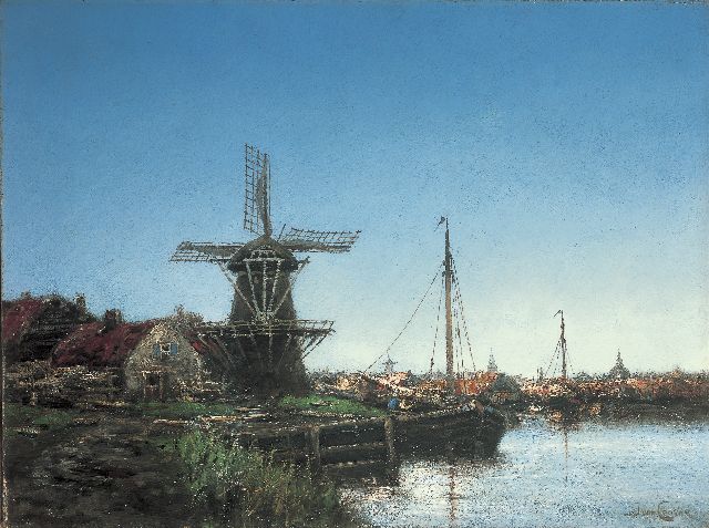Koekkoek jr. H.  | A harbour with a windmill, oil on canvas 45.8 x 61.1 cm, signed l.r. with pseudonym 'J. van Couver'