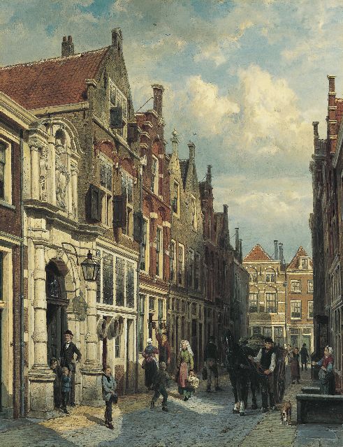 Springer C.  | View of the Vriesestraat, with the Gemeenteschool, Dordrecht, oil on panel 52.1 x 40.4 cm, signed l.r. and dated 1885 on the reverse