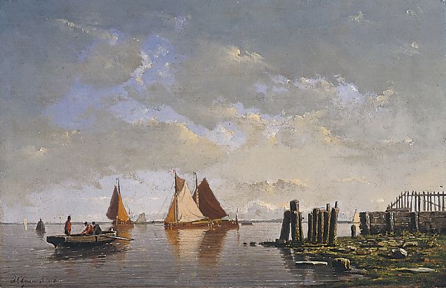 Greive J.C.  | A sea view with barges and a rowing boat, oil on panel 22.0 x 33.4 cm, signed l.l. and dated 1856