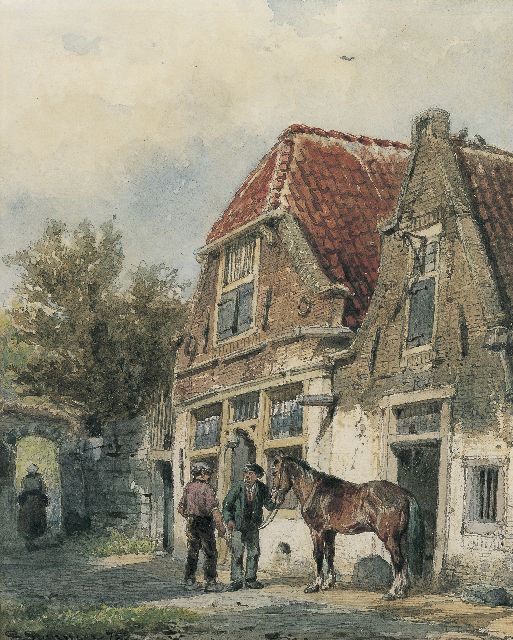 Springer C.  | Stable boys holding their horse, pencil and watercolour on paper 24.6 x 19.8 cm, signed l.l. and dated '75