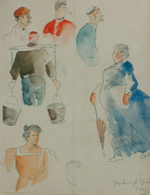 Sluiter J.W.  | Sketches with natives from Katwijk, mixed media on paper 29.0 x 22.5 cm, signed l.r. and dated 1908