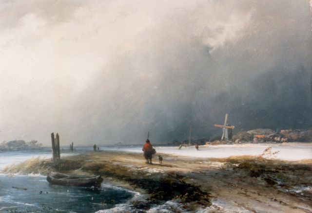 Hoppenbrouwers J.F.  | A traveller in a snow-covered landscape, oil on panel 19.2 x 26.4 cm, signed l.l. and dated '50