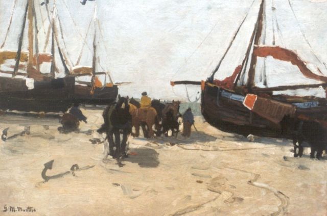 Munthe G.A.L.  | 'Bomschuiten' on the beach, oil on canvas laid down on panel 37.8 x 53.4 cm, signed l.l.
