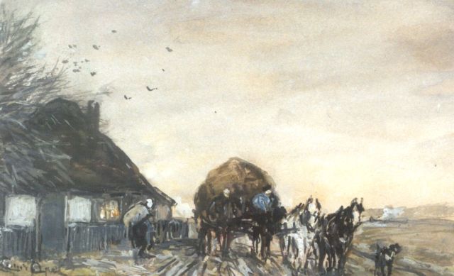 Apol L.F.H.  | Hooikar met paarden bij een boerenhuisje, aquarel en gouache op papier 11,1 x 17,7 cm, gesigneerd l.o.
