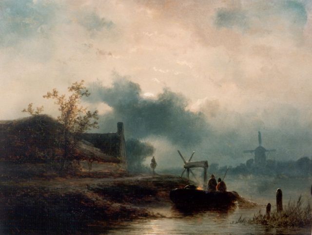Hoppenbrouwers J.F.  | A moonlit river landscape, oil on panel 18.0 x 23.5 cm, signed l.l. and dated '56