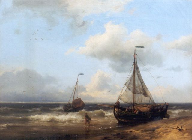 Koekkoek H.  | A coastal scene with anchored fishing boats, oil on canvas 24.0 x 32.4 cm, signed l.r. and dated 1849