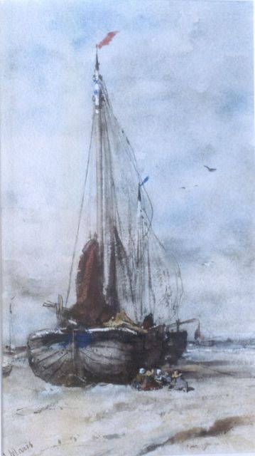 Maris J.H.  | 'Bomschuiten' on the beach, watercolour on paper 39.0 x 22.0 cm, signed l.l.