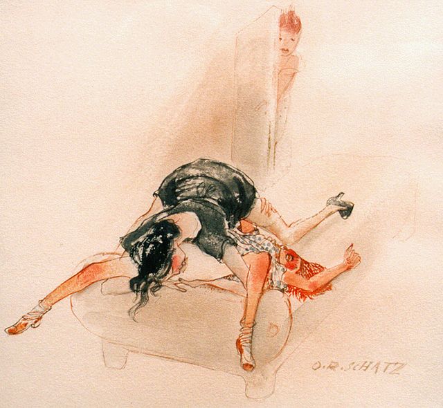 Schatz O.R.  | Erotische scene, watercolour on paper 29.0 x 27.0 cm, gesigneerd l.o.