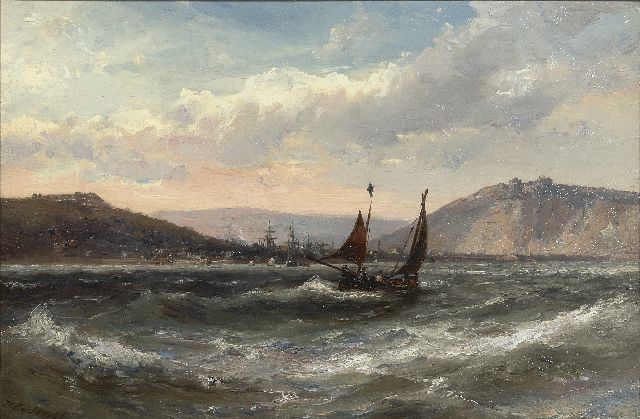 Koekkoek jr. H.  | Sailing vessels in choppy seas, oil on canvas 30.0 x 45.2 cm, signed l.l.