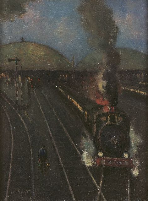 Gilst A. van | Steam-locomotive near the station of Amsterdam, oil on canvas 40.4 x 30.2 cm, signed l.l.