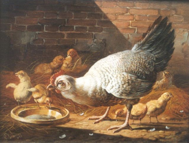 Verhoesen A.  | A hen and chicks in a stable, oil on panel 17.5 x 24.5 cm, signed l.l. and dated 1873