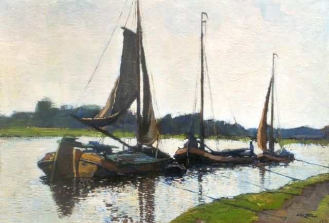 Soer C.  | Moored saling vessels by moonlight, oil on canvas laid down on panel 30.2 x 40.1 cm, signed l.r.