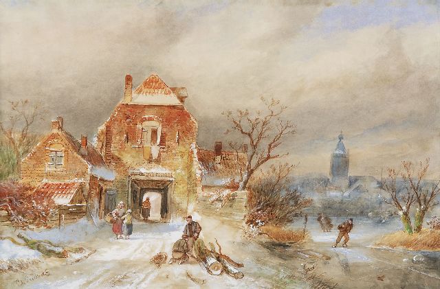 Leickert C.H.J.  | A town in winter with skaters, watercolour on paper 23.1 x 34.8 cm, signed l.l.
