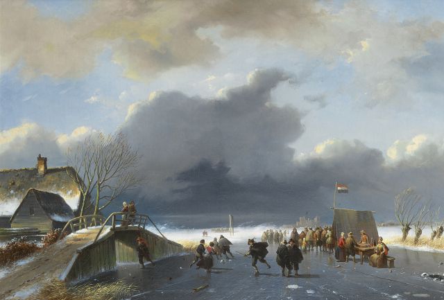 Roosenboom N.J.  | A winter landscape with skaters near a koek-en-zopie, oil on canvas 48.0 x 68.0 cm, ca 1860