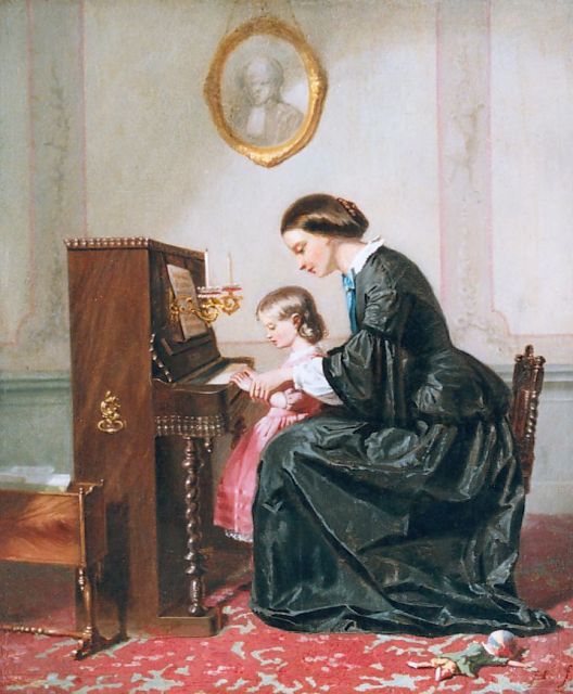 Hoevenaar J.  | The piano lesson, oil on panel 29.8 x 24.9 cm, signed l.r. with monogram