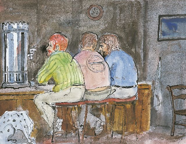 Kamerlingh Onnes H.H.  | Men in a pub, Indian ink and watercolour on paper 23.5 x 31.0 cm, signed l.r. with monogram and dated '80