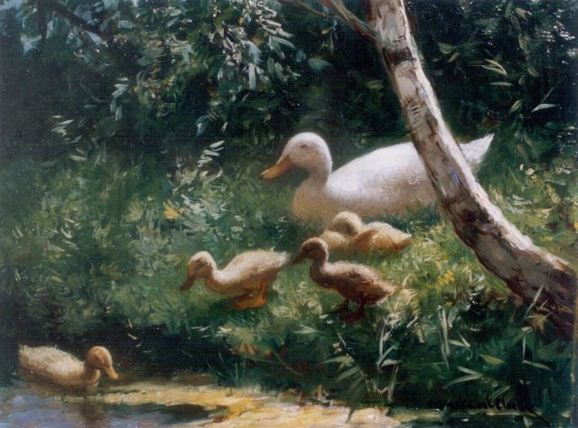 Artz C.D.L.  | Hen with ducklings watering, oil on panel 18.0 x 24.5 cm, signed l.r.