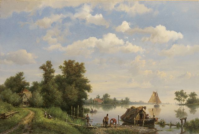 Koekkoek H.  | A calm river with ships and a moored houseboat, oil on canvas 38.4 x 56.8 cm, signed l.l. and dated 1863