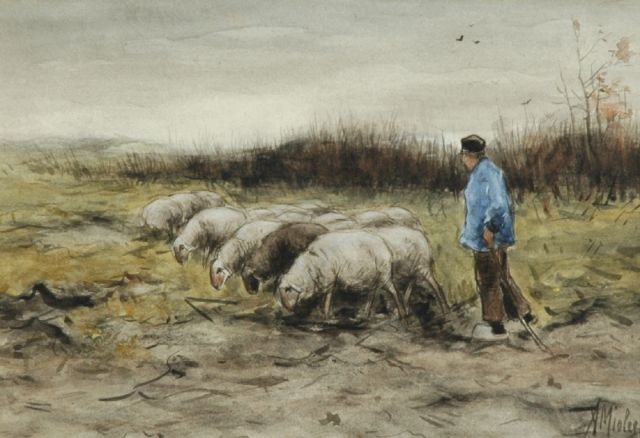 Miolée A.  | A shepherd with his flock of sheep, watercolour on paper 21.5 x 31.0 cm, signed l.r.