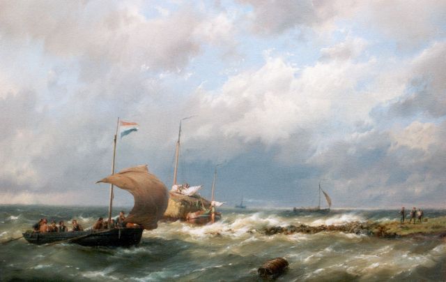 Koekkoek H.  | Vessels on a breezy day, oil on canvas 36.5 x 58.2 cm, signed l.r.