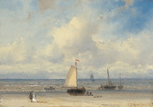 Hoppenbrouwers J.F.  | Elegant figures on the beach with 'bomschuiten' beyond, oil on panel 16.1 x 22.8 cm, signed l.r.