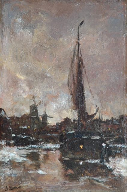 Jacob Maris | A winter evening in Schiedam, oil on panel, 35.9 x 23.6 cm, signed l.l.