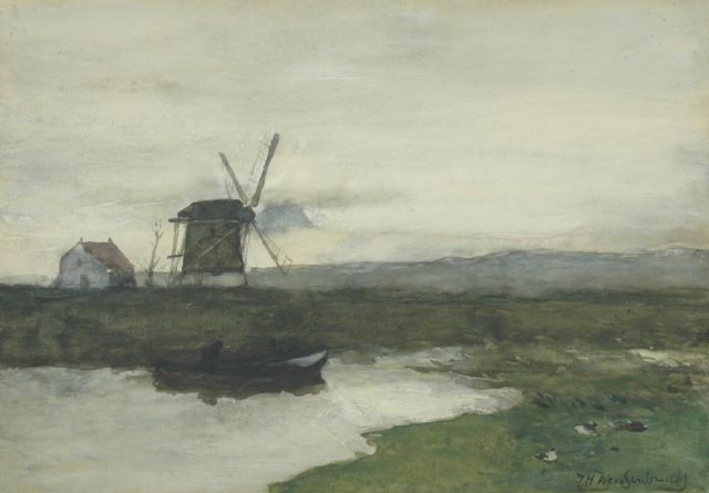 Jan Hendrik Weissenbruch | A windmill in a polder landscape, watercolour on paper, 34.5 x 49.6 cm, signed l.r.
