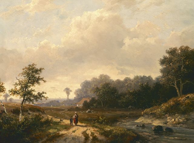 Koekkoek P.H.  | Travellers in a panoramic landscape, oil on panel 25.3 x 33.4 cm, signed l.c.