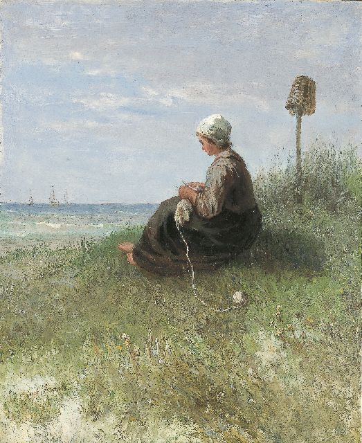 Israëls J.  | A girl knitting in the dunes, oil on panel 44.2 x 36.1 cm, signed l.l.