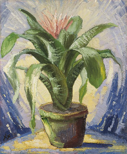 Jan Kruysen | Bromelia in an earthenware pot, oil on painter's board, 45.8 x 37.8 cm, signed l.l. with monogram