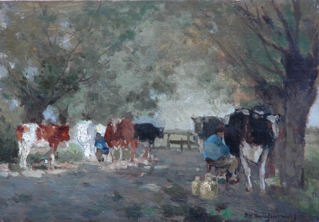 Jan Hendrik Weissenbruch | Milking the cows, oil on canvas laid down on panel, 20.8 x 29.7 cm, signed l.r.