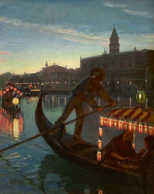 Jerndorff A.A.  | A gondola in front of the Doge's Palace in Venice, at night, oil on canvas 41.0 x 33.0 cm, signed l.l. with monogram and dated 1886