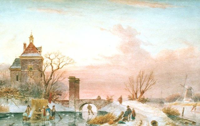Charles Leickert | Skaters on a frozen river by a tower, watercolour on paper, 30.8 x 48.8 cm, signed l.r.