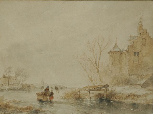 Schelfhout A.  | Skaters on the ice by a fortified building, sepia and watercolour on paper 20.0 x 27.0 cm, signed l.l.