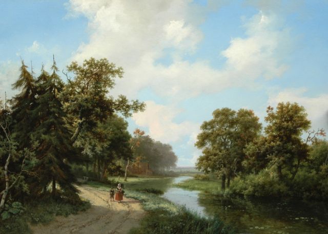 Marinus Adrianus Koekkoek I | A farmer's wife and child on a path alongside a creed, oil on panel, 45.4 x 64.2 cm, gesigneerd l.o. and gedateerd 1854