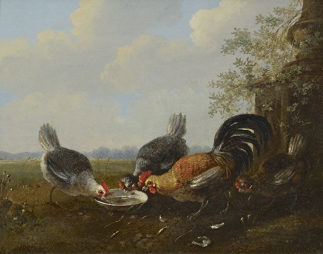 Albertus Verhoesen | Four chickens near a waterbowl, oil on panel, 22.4 x 27.8 cm
