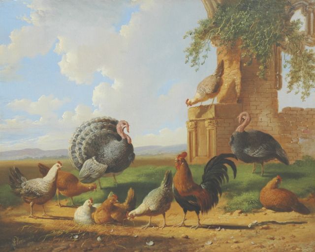 Verhoesen A.  | Turkeys and chickens in a landscape, oil on panel 30.5 x 37.6 cm, signed l.l. and painted 1870