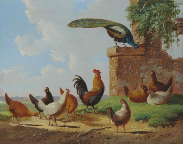 Verhoesen A.  | Poultry in a classical landscape, oil on panel 13.2 x 16.7 cm, signed l.l. and dated 1869