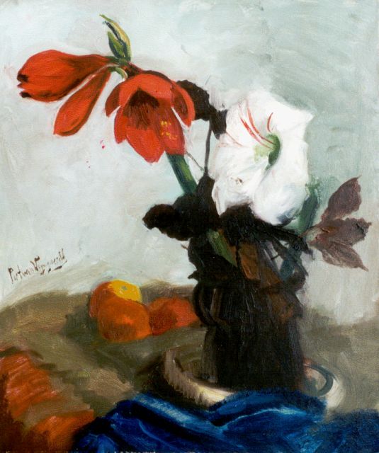 Wijngaerdt P.T. van | Red and white amaryllis, oil on canvas 80.2 x 67.2 cm, signed l.c.
