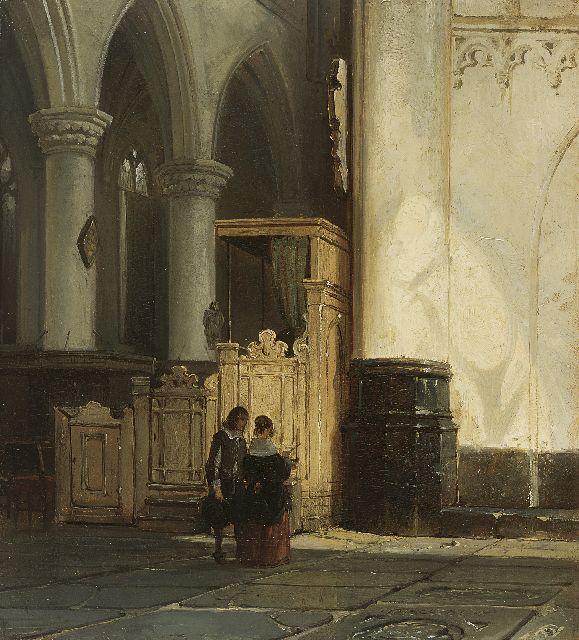 Springer C.  | A Dutch church interior with 17th century figures, oil on panel 27.8 x 25.0 cm, signed l.r. with monogram and dated 1849