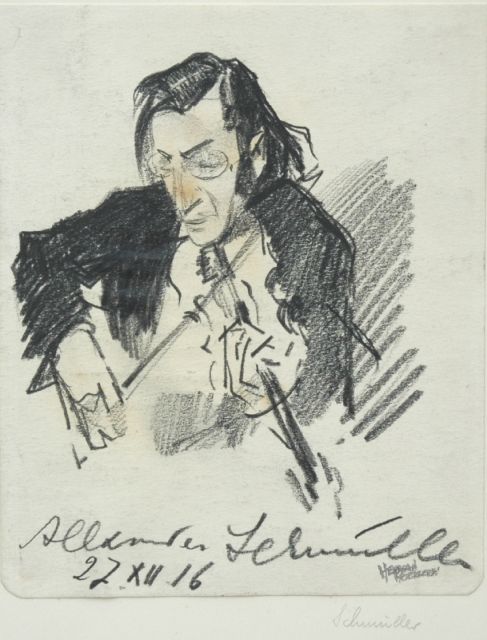 Moerkerk H.A.J.M.  | Portrait of violin player Alexander Schmuller, black chalk on paper 12.7 x 15.4 cm, signed l.r. and dated 27 XII '16