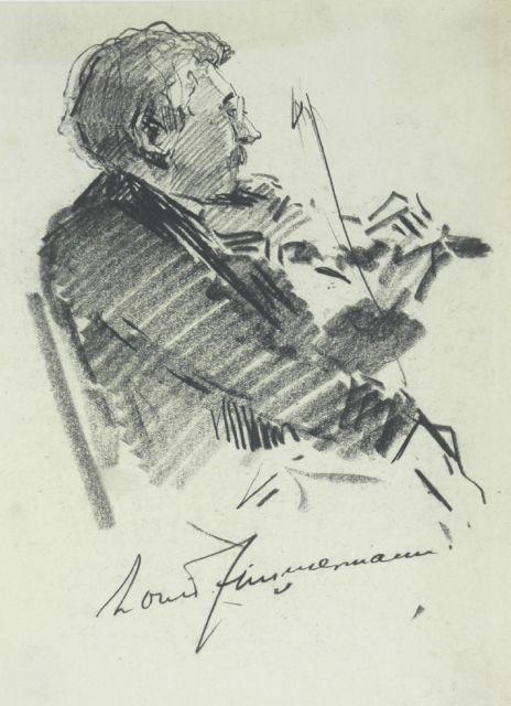 Moerkerk H.A.J.M.  | Portrait of composer and violin player Louis Zimmermann, black chalk on paper 22.3 x 16.1 cm