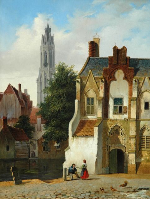 Vertin P.G.  | A  view of Delft with figures in summer, oil on panel 51.1 x 39.7 cm, signed l.l. and painted 1838