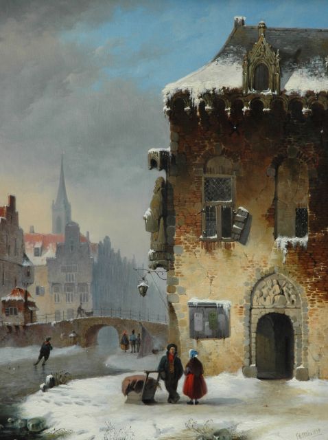 Vertin P.G.  | A town in winter with strollers and skaters, oil on panel 51.2 x 38.9 cm, signed l.r. and painted 1838