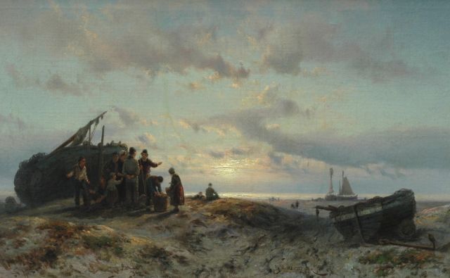 Koekkoek J.H.B.  | Fishermen on the dunes at sunset, oil on canvas 42.6 x 67.0 cm, signed c.r.