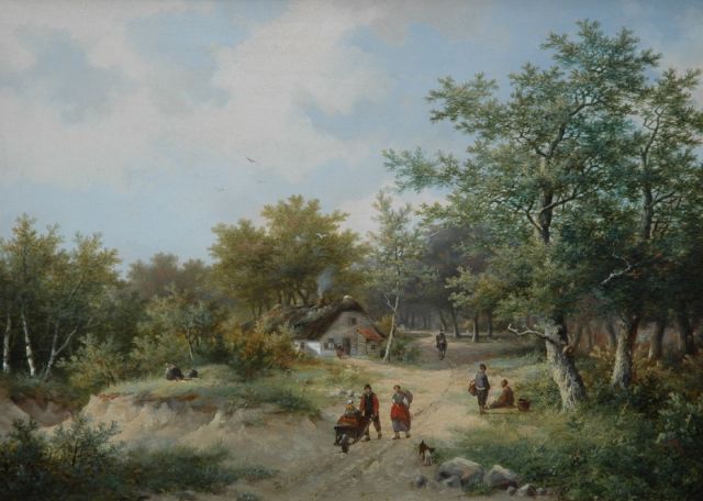 Hendrik Pieter Koekkoek | Travellers on a path in a wooded landscape, oil on panel, 26.8 x 37.2 cm, signed l.c.
