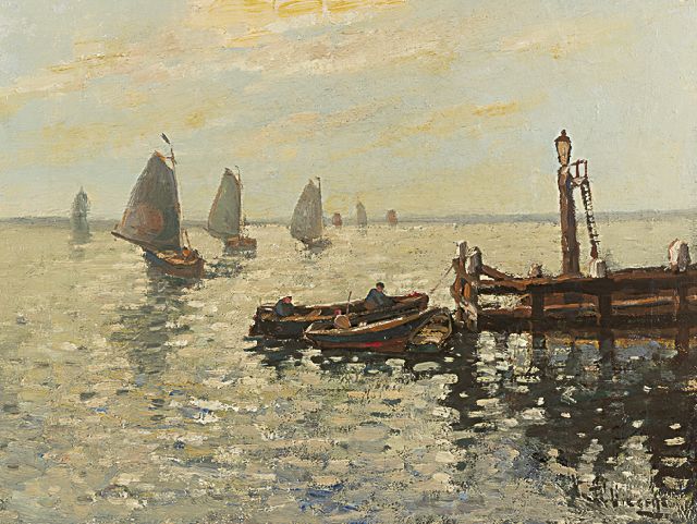 Viegers B.P.  | Departing flatboats, Volendam, oil on canvas 30.3 x 40.0 cm, signed l.r.